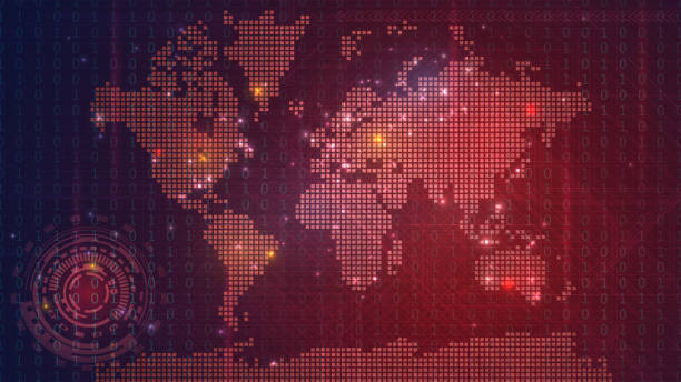 Red technological map Dark red technological map of the world with luminous dots, global information network on a digital screen Threats stock illustrations