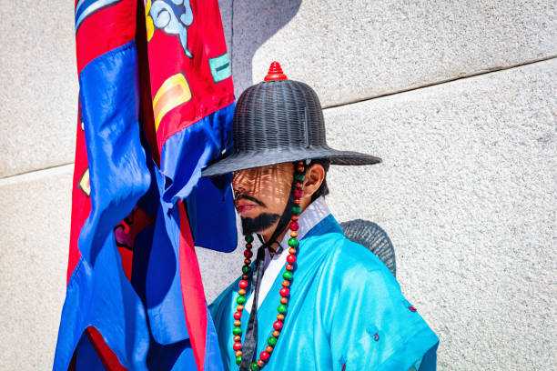 korean royal guard at gwanghwamun gate seoul, south korea - castle honor guard protection security guard imagens e fotografias de stock