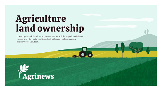 Vector illustration of agriculture land ownership. Background with tractor on field, landscape, farm. Agrinews icon with wheat spike. Design for banner, layout, annual report, web, flyer, brochure, ad