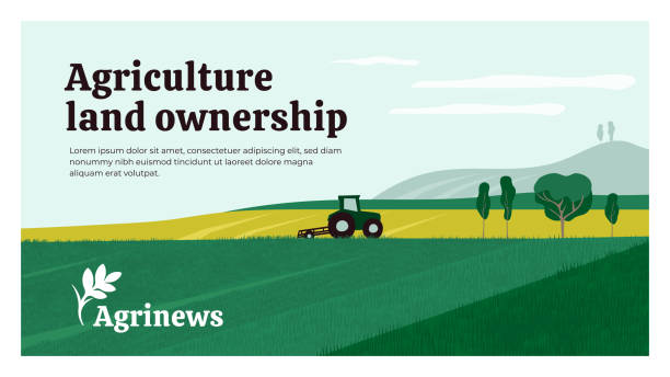 Agriculture design template for Agrinews Vector illustration of agriculture land ownership. Background with tractor on field, landscape, farm. Agrinews icon with wheat spike. Design for banner, layout, annual report, web, flyer, brochure, ad plantation stock illustrations