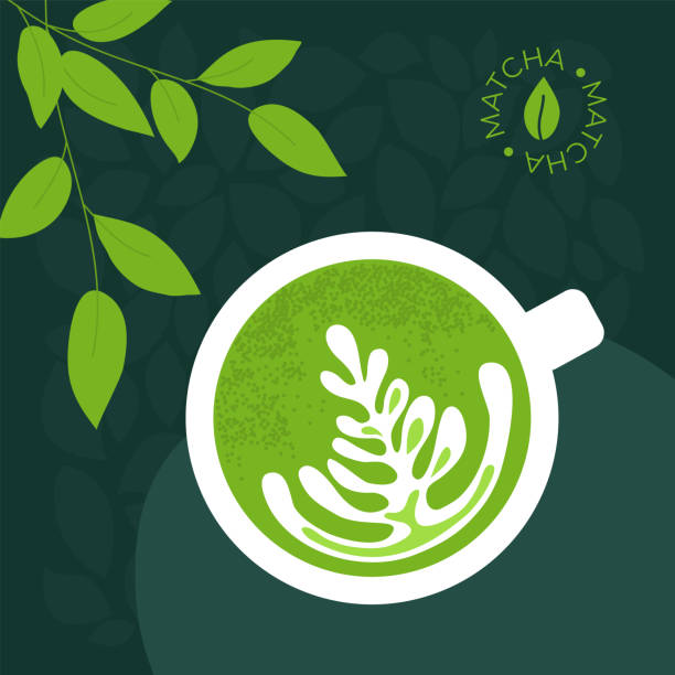 Cup of green tea matcha latte Cup of drink matcha latte. Vector illustration of healthy Japanese beverage made from green ground powder. Branches of tea plant with leaves. Sign with macha leaf. Background for menu, poster, flyer. milk tea logo stock illustrations