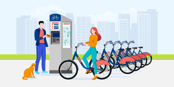 ilustrações, clipart, desenhos animados e ícones de negócio de compartilhamento de bicicletas da cidade pública, ilustração plana vetorial. conceito automatizado automatizado moderno do sistema do serviço do aluguer da bicicleta - bikeshare