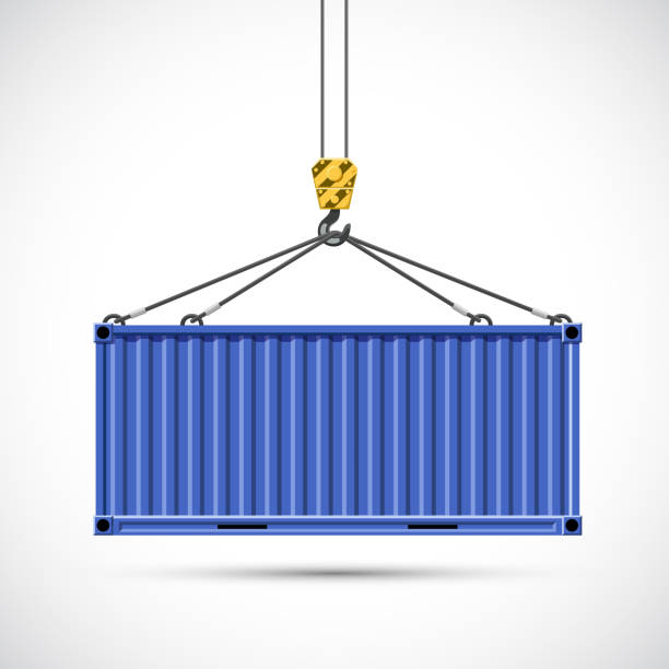 Cargo container hanging on a crane hook. Freight shipping. Cargo container hanging on a crane hook. Isolated on a white background. Vector illustration. Freight shipping. cargo container stock illustrations