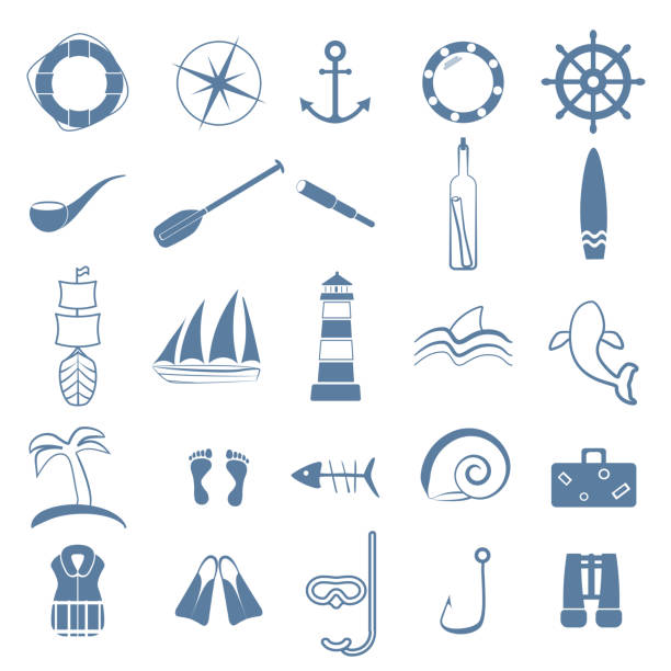 illustrations, cliparts, dessins animés et icônes de ensemble d'icônes d'art de ligne d'océan - nautical vessel journey diving flipper