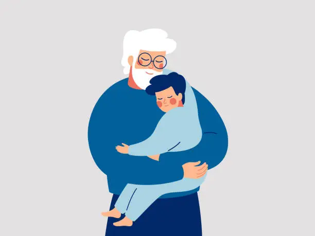 Vector illustration of Senior father embraces his son with care and love. Happy Grandfather hugs his grandson. Happy Fathers Day concept with daddy and small boy