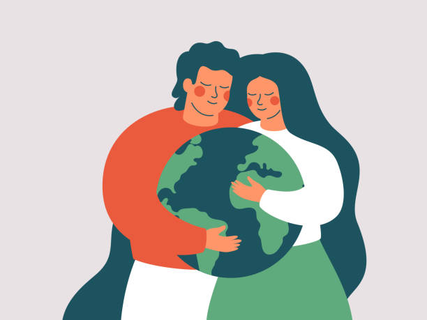 Happy woman and man embrace the green planet Earth with love and care. Happy woman and man embrace the green planet Earth with love and care. Vector illustration of Earth day and saving planet. Environment conservation and energy saving concept. embracing illustrations stock illustrations
