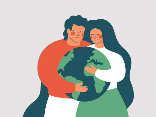 Vector illustration of Happy woman and man embrace the green planet Earth with love and care.