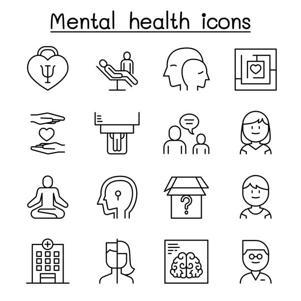 illustrazioni stock, clip art, cartoni animati e icone di tendenza di icona di salute mentale & psicologia impostata in stile linea sottile - brain psychiatrist symbol mental illness