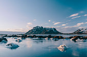 Icy winter landscape in the Vesteralen archipelago in Northern Norway