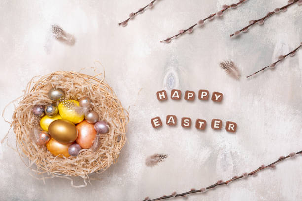 istock Palm Sunday. Eggs and willow in flat lay style on wooden background. 1199835682