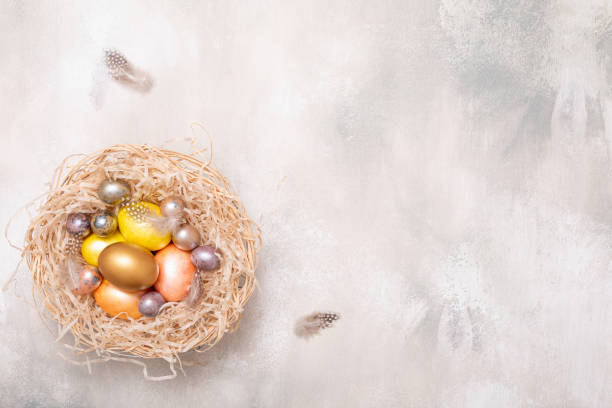 istock Beautiful spring card. Retro wooden background. Festive design. Decorative easter egg. Happy easter concept. 1199835728