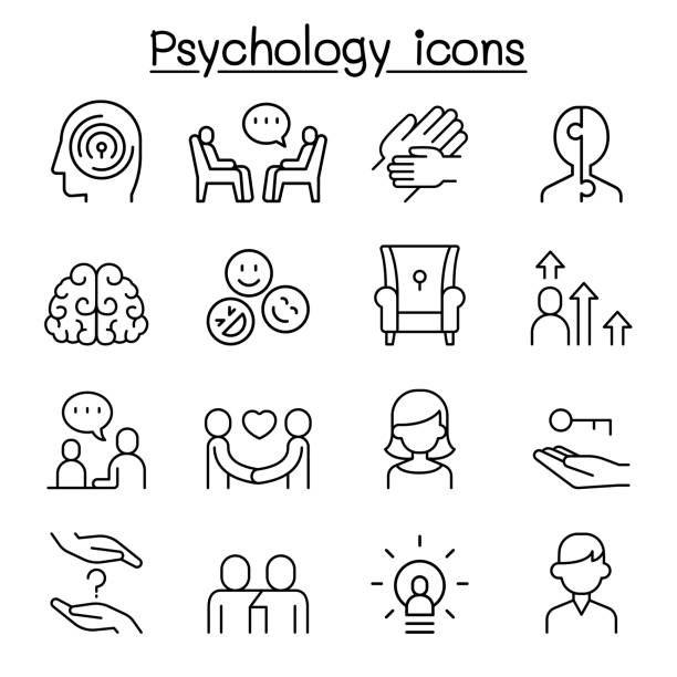 ilustraciones, imágenes clip art, dibujos animados e iconos de stock de icono de psicología ambientado en estilo de línea delgada - therapy mental illness behavior mental health