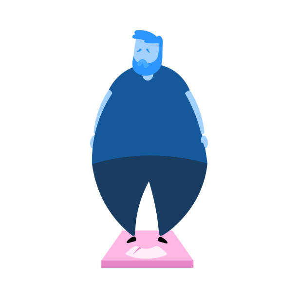 nadwaga smutnego człowieka. otyłość. ikona projektu kreskówki. płaska ilustracja wektorowa. odizolowane na białym tle. - overweight men people abdomen stock illustrations