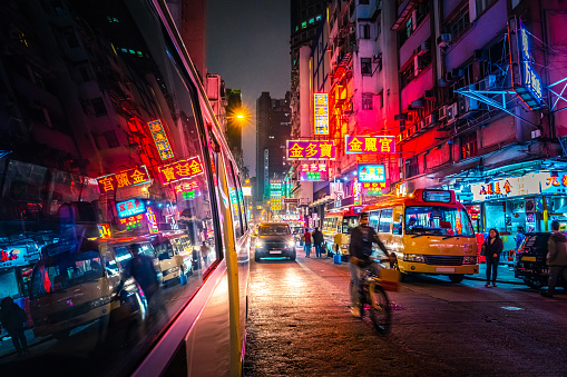 Bright neon signs colourful crowded cityscape Mongkok, Kowloon, Hong Kong China