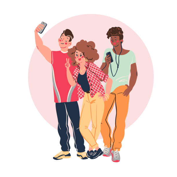 Group of young stylish modern teenagers people with smartphones and making selfie together isolated on white background. Group of young stylish modern teenagers people with smartphones and making selfie together isolated on white background. Vector flat illustration. bundle photos stock illustrations