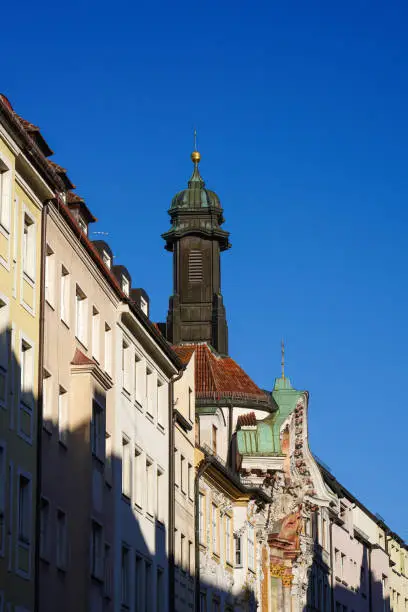 Historic facade of the baroque Asam Church, Asamkirche in Munich, Bavaria, Germany