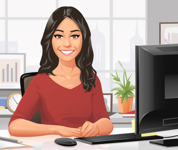 Young Businesswoman Sitting At Her Desk In The Office Vector illustration of an attractive young businesswoman sitting at her desk in front of a computer in the office, looking at the camera. black hair illustrations stock illustrations
