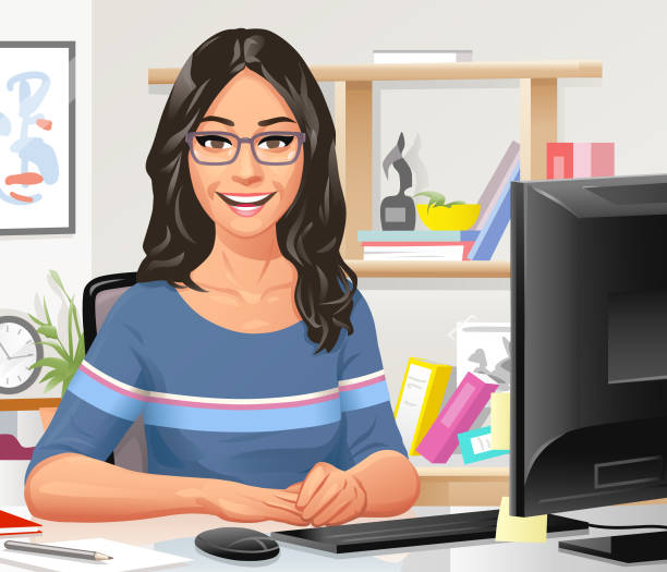 Mujer Joven Trabajando En La Computadora De Escritorio Vector Ilustración  Dibujo Animado Vectores Libres de Derechos - iStock