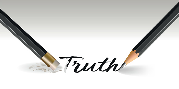 Concept of lying, with a pencil that writes the word truth and another that erases it with an eraser.