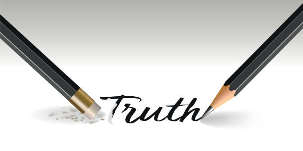 Concept of truth judged with the word that disappears with a stroke of gum. Concept of lying, with a pencil that writes the word truth and another that erases it with an eraser. speaking with forked tongue stock illustrations