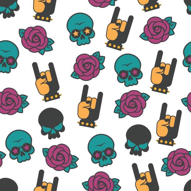 ilustrações de stock, clip art, desenhos animados e ícones de vector seamless rock pattern with skull and roses - pop art skull backgrounds pattern