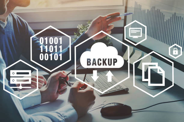 backup concept, safe data storage - diagram computer network network server network security imagens e fotografias de stock