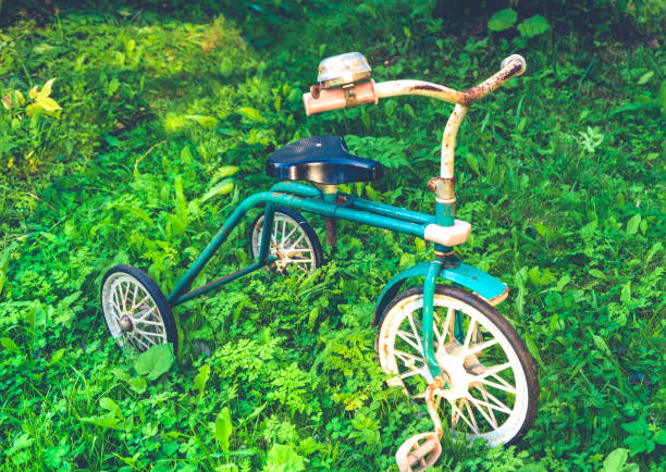 istock Old retro children's tricycle on green grass 1199849070