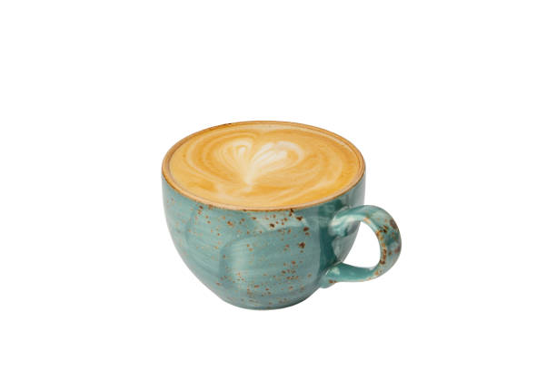 istock Latte Art, clay blue cup of coffee isolated on white background 1199851702