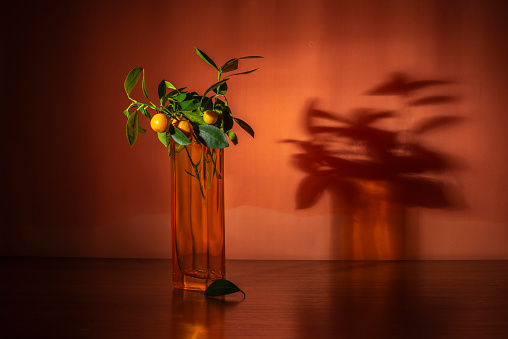 Bouquet of tangerine tree branches with berries in a vase on a wooden table
