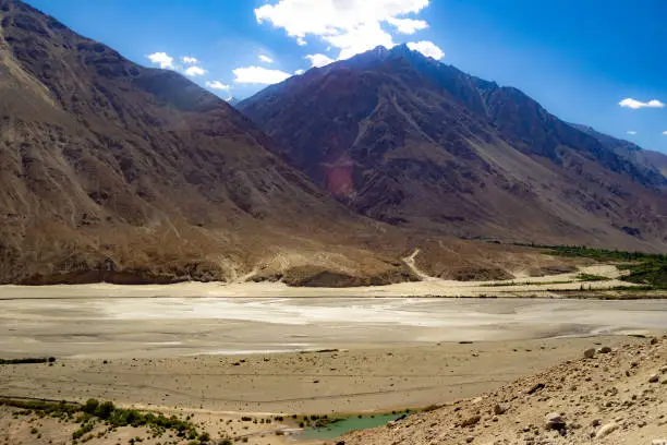 Photo of High dynamic range image of barren mountain in a desert with river and deep blue sky and white patchy clouds in ladakh, Jammu and Kashmir, India