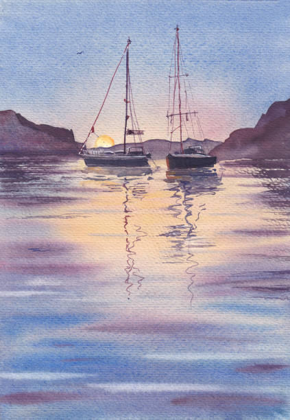 zwei yachtboote boote und berge in ruhigem wasser reflektiert. frühmorgens am see - aquarell auf papier. segelboot lough im sommer abend, letzte sonnenstrahlen. bunte bucht am meer blick auf die küste. - sailboat sunset nautical vessel sun stock-grafiken, -clipart, -cartoons und -symbole