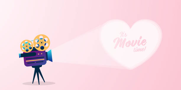 istock Lovely movie time concept with film projector and text area with sample title in bright colors. Vector illustration. 1199861593