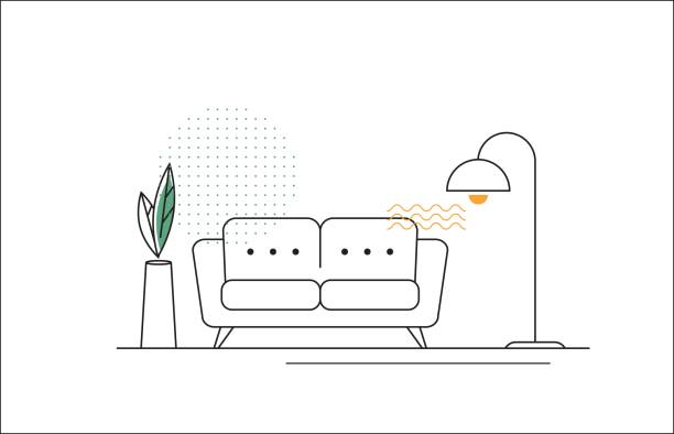 vector line illustration mit sofa, stehleuchte und blume. - sofa stock-grafiken, -clipart, -cartoons und -symbole