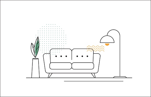 Vector Line Illustration with Sofa, Floor Lamp and Flower.