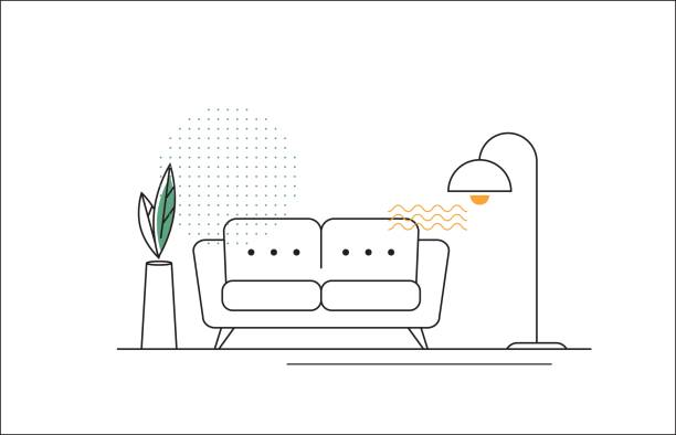 Vector Line Illustration with Sofa, Floor Lamp and Flower. Vector Line Illustration with Sofa, Floor Lamp and Flower. Furniture stock illustrations