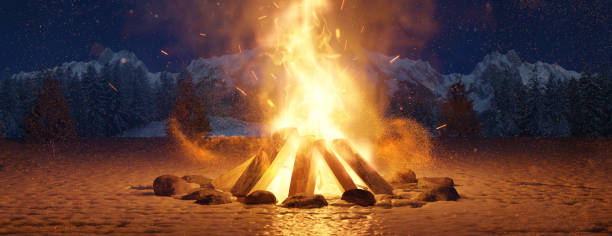 3d rendering of big bonfire with sparks and particles on snowy ground