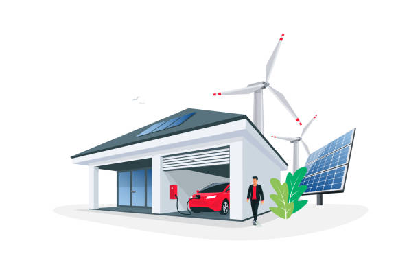 elektroauto-aufladen in der heimischen garage nonbox mit solarmodulen und windkraftanlage - fuel and power generation power wind power supply stock-grafiken, -clipart, -cartoons und -symbole