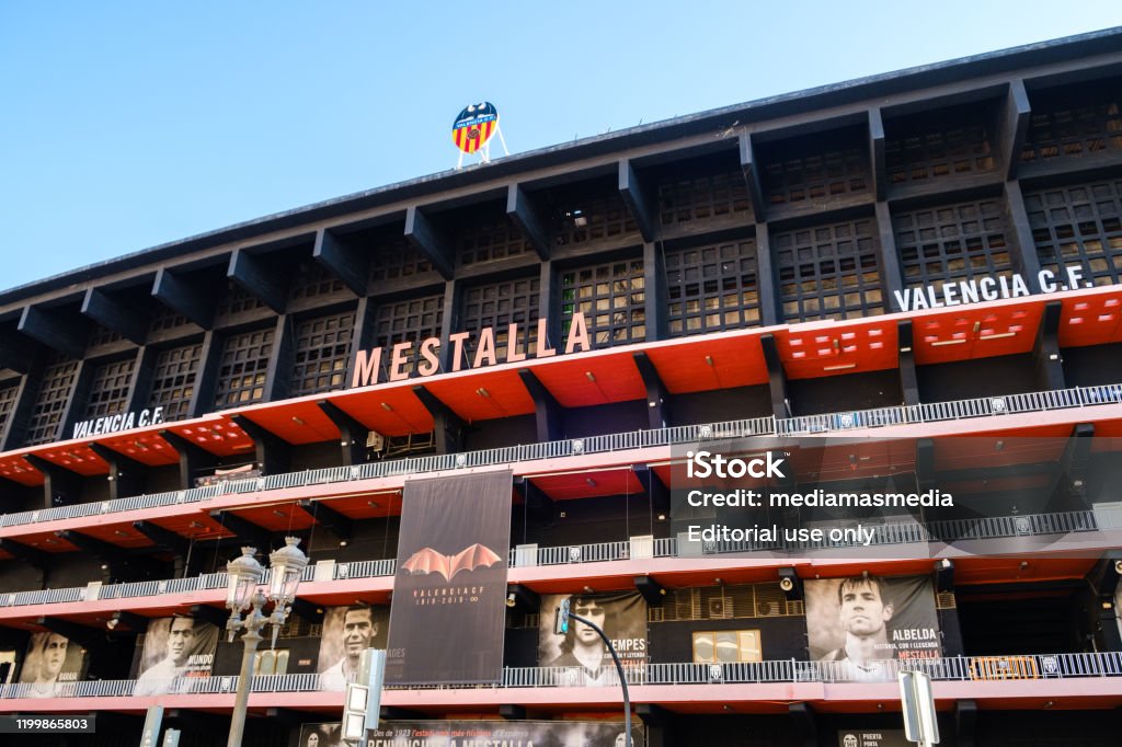 View of the main façade of the 'Mestalla' stadium, the stadium of 'Valencia C.F.', the Spanish first division football team 'Valencia, Spain'; 01 06 2020: Façade of 'Mestalla', the stadium of the football team 'Valencia C.F', a team in the first division of the Spanish football league.' There is a sign with the name of the stadium, 'Mestalla', which has no translation. Estadio Mestalla Stock Photo