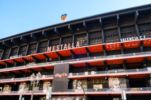 View of the main façade of the 'Mestalla' stadium, the stadium of 'Valencia C.F.', the Spanish first division football team stock photo