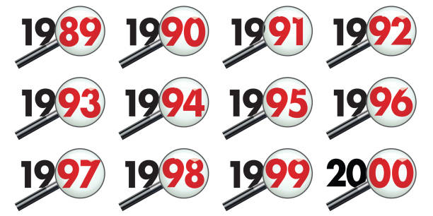 All years of a decade examined under the microscope, from 1989 to the year 2000. Pictograms representing the decade of the 90s seen through a magnifying glass to symbolize the balance sheet and analysis of events. 1991 stock illustrations