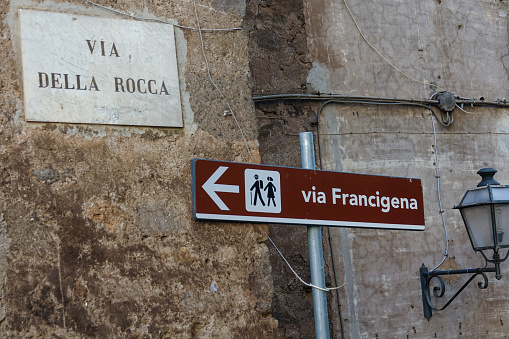 Signal Via Francigena on the Streets of Ronciglione Italy