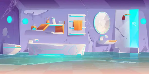 Vector illustration of Abandoned futuristic bathroom, flooded interior