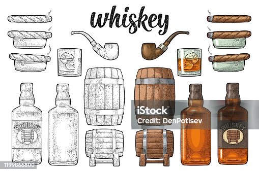 istock Whiskey glass with ice cubes, barrel, bottle and cigar. 1199866800
