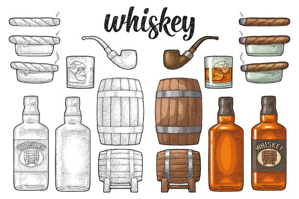 Whiskey glass with ice cubes, barrel, bottle and cigar. Whiskey glass with ice cubes, barrel, tube, bottle and cigar. Vector vintage color illustration for label, poster, invitation to a party. Isolated on white background. Hand drawn design element. bourbon barrel stock illustrations