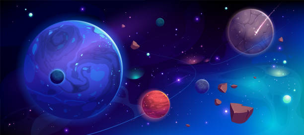 Planets in outer space with satellites and meteors Planets in outer space with satellites, falling meteor and asteroids in dark starry sky. Galaxy, cosmos, universe futuristic fantasy view background for computer game. Cartoon vector illustration outer space stock illustrations