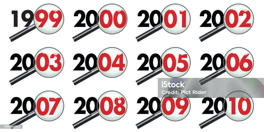 Jedes Jahr eines Jahrzehnts unter dem Mikroskop untersucht, von 1999 bis 2010. - Lizenzfrei 1999 Vektorgrafik Jedes Jahr eines Jahrzehnts unter dem Mikroskop untersucht, von 1999 bis 2010. - Lizenzfrei 1999 Vektorgrafik