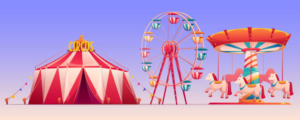park karnawałowy z clipartem namiotu cyrku - ferris wheel carousel rollercoaster wheel stock illustrations