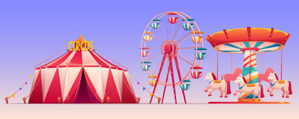 развлекательный карнавальный парк с цирковой палаткой клип искусства - carnival park clip art wheel stock illustrations