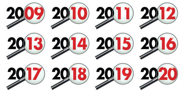 All years of a decade examined under scrutiny, from 2009 to 2020 Pictograms representing the decade of the 2010s seen through a magnifying glass to symbolize the balance sheet and analysis of events. 2016 stock illustrations