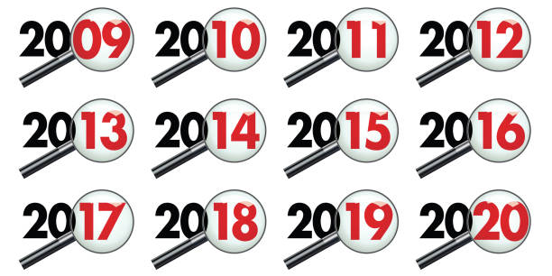 All years of a decade examined under scrutiny, from 2009 to 2020 Pictograms representing the decade of the 2010s seen through a magnifying glass to symbolize the balance sheet and analysis of events. 2010 stock illustrations